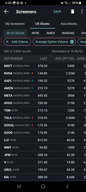 The standard screener results on the Android Phone